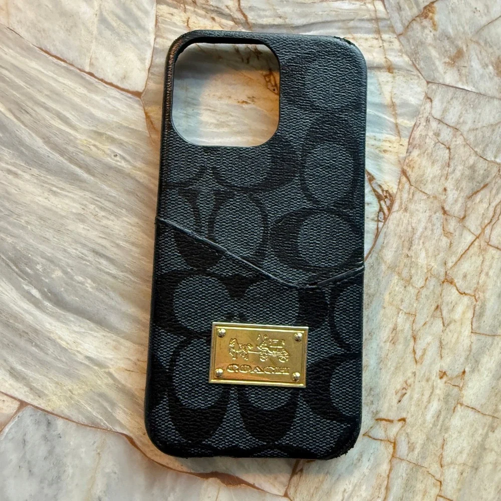 Coach Signature Canvas iPhone 14 Pro Max Case Black Gold Logo Emblem
